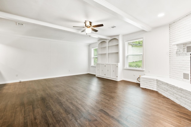 10301 Milkyway Dr, Little Rock, AR 72209 - unfurnished living room featuring ceiling fan, beamed ceiling, dark wood-style flooring, and a fireplace