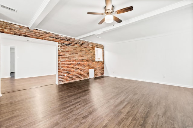 10301 Milkyway Dr, Little Rock, AR 72209 - unfurnished living room featuring beam ceiling, ceiling fan, wood finished floors, and brick wall