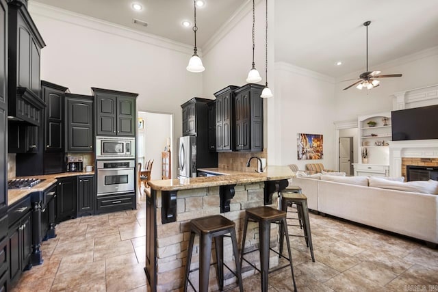909 Nature Way, Benton, AR 72019 - kitchen featuring a high ceiling, stainless steel appliances, ornamental molding, ceiling fan, and a peninsula