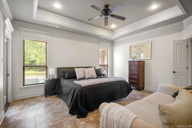 909 Nature Way, Benton, AR 72019 - bedroom featuring a raised ceiling, crown molding, recessed lighting, and ceiling fan