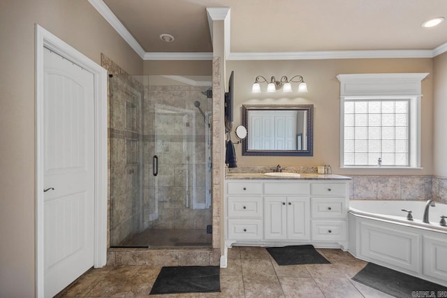 909 Nature Way, Benton, AR 72019 - bathroom featuring vanity, a shower stall, a bath, ornamental molding, and tile patterned flooring