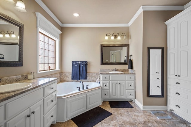 909 Nature Way, Benton, AR 72019 - bathroom with two vanities, ornamental molding, and a bath