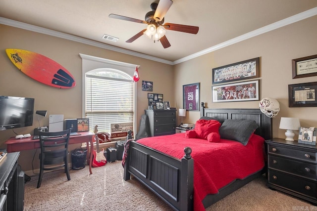 909 Nature Way, Benton, AR 72019 - bedroom featuring carpet floors, ornamental molding, ceiling fan, and an office area