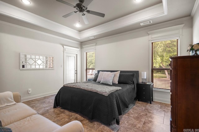 909 Nature Way, Benton, AR 72019 - bedroom with a tray ceiling, crown molding, recessed lighting, and a ceiling fan