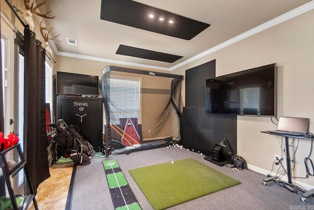 909 Nature Way, Benton, AR 72019 - game room featuring crown molding and carpet floors