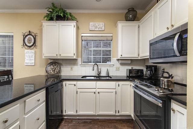 1315 Gleneagles Ct, Little Rock, AR 72211 - kitchen featuring stainless steel appliances, white cabinetry, decorative backsplash, crown molding, and dark wood-style flooring