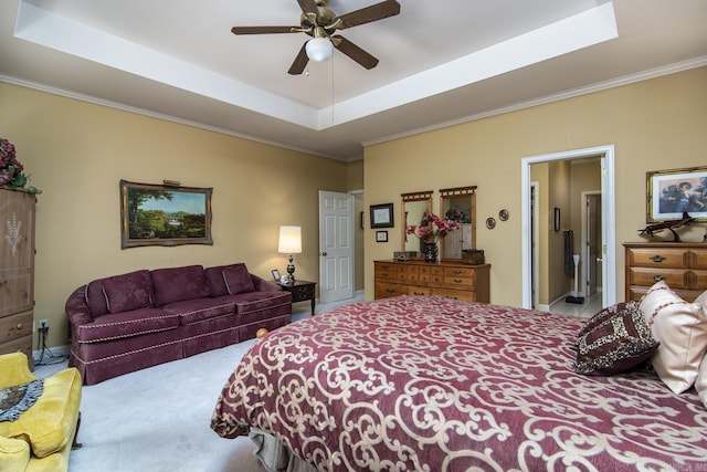 1315 Gleneagles Ct, Little Rock, AR 72211 - bedroom with carpet flooring, ornamental molding, a raised ceiling, and a ceiling fan