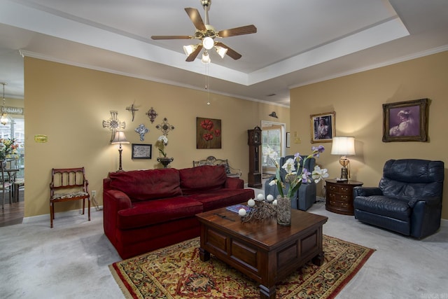 1315 Gleneagles Ct, Little Rock, AR 72211 - living room with a raised ceiling, light carpet, ceiling fan, and crown molding
