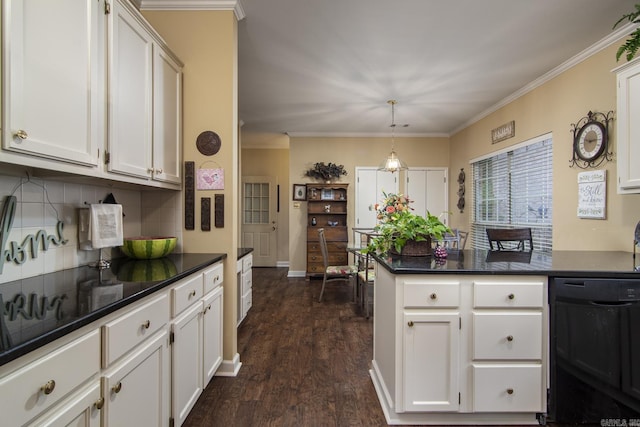 1315 Gleneagles Ct, Little Rock, AR 72211 - kitchen featuring dishwasher, a peninsula, backsplash, white cabinetry, and dark wood-style floors