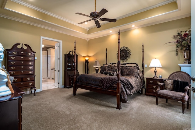 103 Falata Cir, Little Rock, AR 72223 - carpeted bedroom featuring a raised ceiling, crown molding, connected bathroom, recessed lighting, and ceiling fan