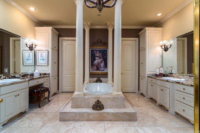 103 Falata Cir, Little Rock, AR 72223 - full bath with decorative columns, a chandelier, ornamental molding, two vanities, and a bath