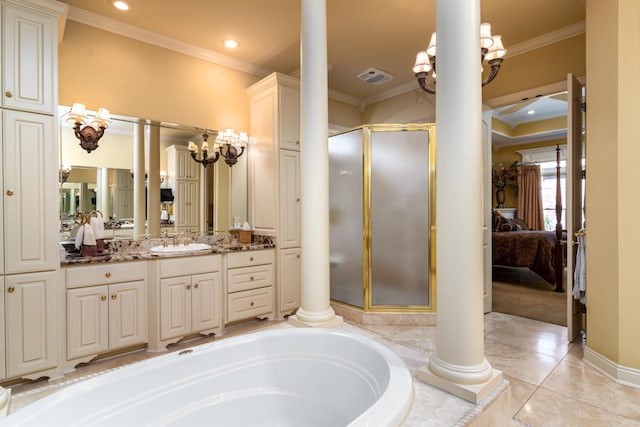 103 Falata Cir, Little Rock, AR 72223 - bathroom featuring ornate columns, connected bathroom, ornamental molding, vanity, and a shower stall