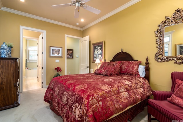 103 Falata Cir, Little Rock, AR 72223 - bedroom with light colored carpet, crown molding, recessed lighting, ensuite bathroom, and a ceiling fan