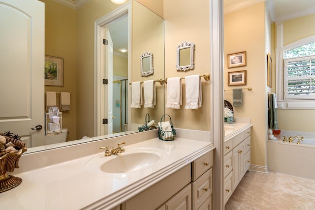 103 Falata Cir, Little Rock, AR 72223 - full bathroom featuring ornamental molding, vanity, a bath, and an enclosed shower