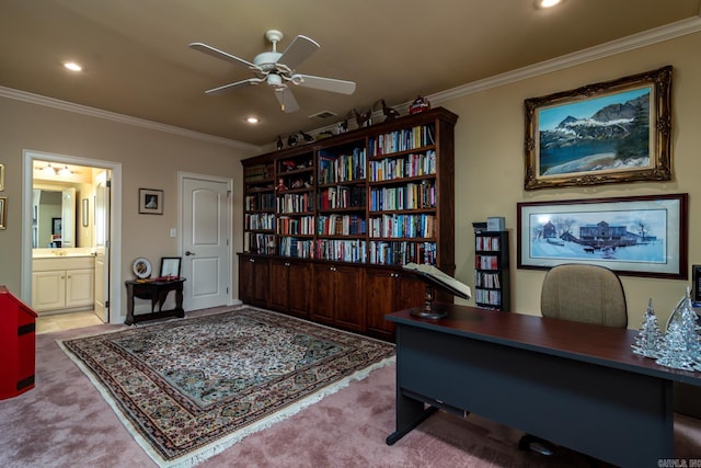103 Falata Cir, Little Rock, AR 72223 - carpeted home office with a ceiling fan, crown molding, and recessed lighting