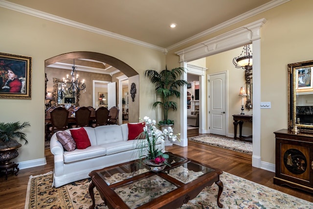 103 Falata Cir, Little Rock, AR 72223 - living room featuring arched walkways, ornamental molding, wood finished floors, and recessed lighting