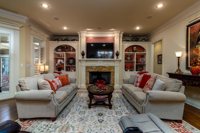 103 Falata Cir, Little Rock, AR 72223 - living area featuring ornamental molding, decorative columns, a premium fireplace, wood finished floors, and recessed lighting