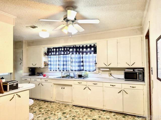 119 N 20th St, Arkadelphia, AR 71923 - kitchen featuring stainless steel microwave, a textured ceiling, light countertops, ceiling fan, and white cabinetry