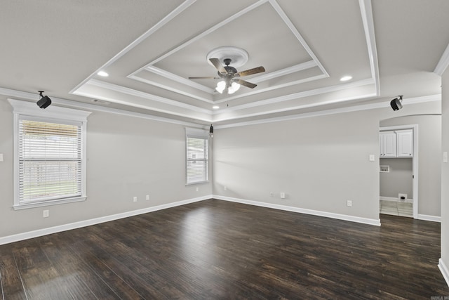 36 Fletcher Dr, Austin, AR 72007 - unfurnished room with ceiling fan, a raised ceiling, crown molding, dark wood-style flooring, and recessed lighting