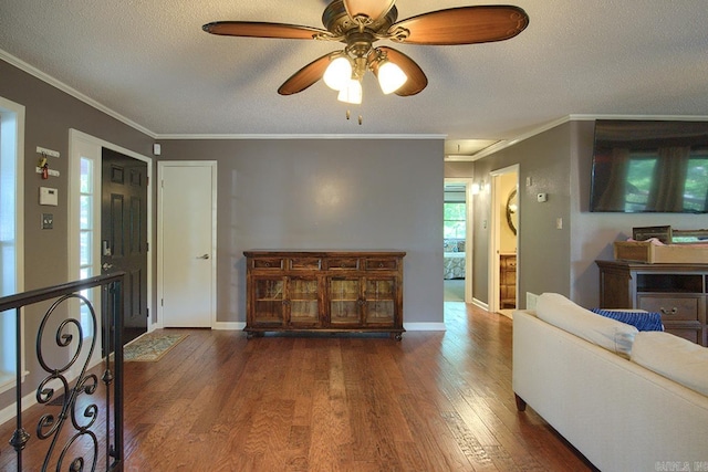 121 Atkinson Ln, Hot Springs, AR 71913 - living room with wood finished floors, ceiling fan, a textured ceiling, and ornamental molding