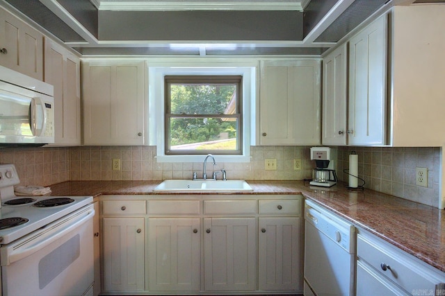 121 Atkinson Ln, Hot Springs, AR 71913 - kitchen with white appliances, white cabinetry, backsplash, and crown molding