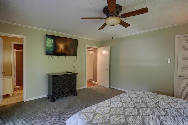 121 Atkinson Ln, Hot Springs, AR 71913 - bedroom featuring carpet flooring, ornamental molding, ensuite bathroom, ceiling fan, and a textured ceiling