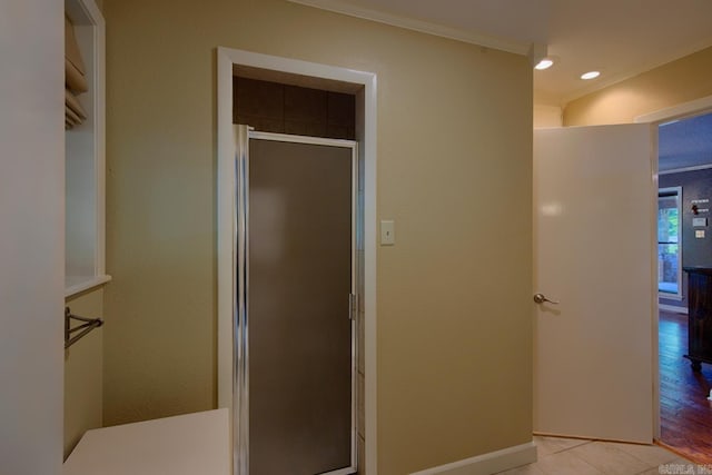 121 Atkinson Ln, Hot Springs, AR 71913 - full bathroom with a stall shower, crown molding, tile patterned floors, and recessed lighting