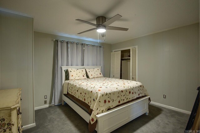 121 Atkinson Ln, Hot Springs, AR 71913 - bedroom with dark carpet, a closet, ornamental molding, and ceiling fan