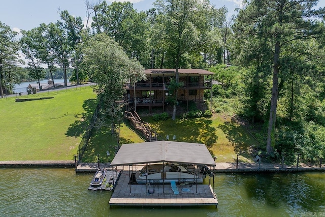 121 Atkinson Ln, Hot Springs, AR 71913 - dock with stairway, a yard, boat lift, and a deck with water view
