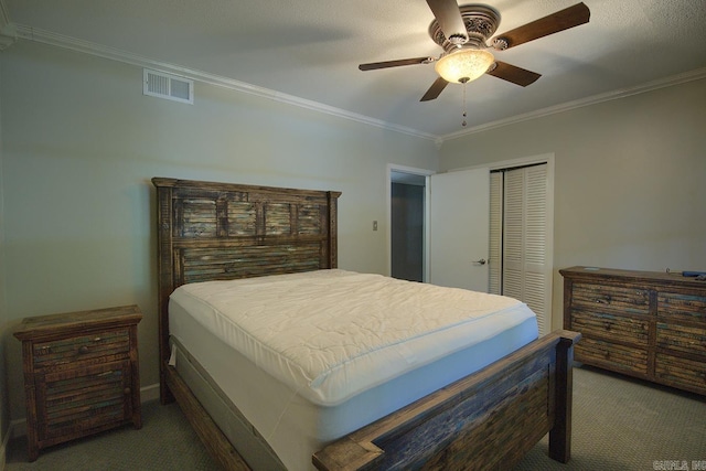 121 Atkinson Ln, Hot Springs, AR 71913 - carpeted bedroom with crown molding, a closet, and ceiling fan