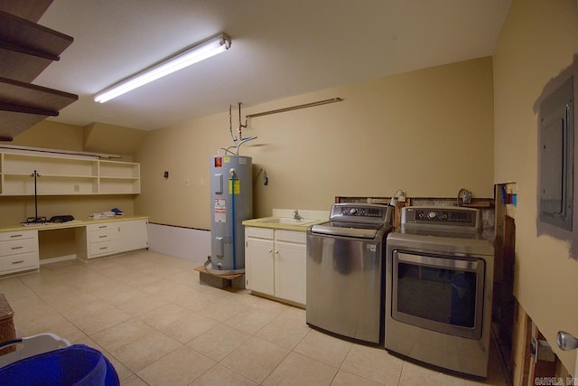 121 Atkinson Ln, Hot Springs, AR 71913 - washroom with water heater, washer and dryer, cabinet space, and light tile patterned floors