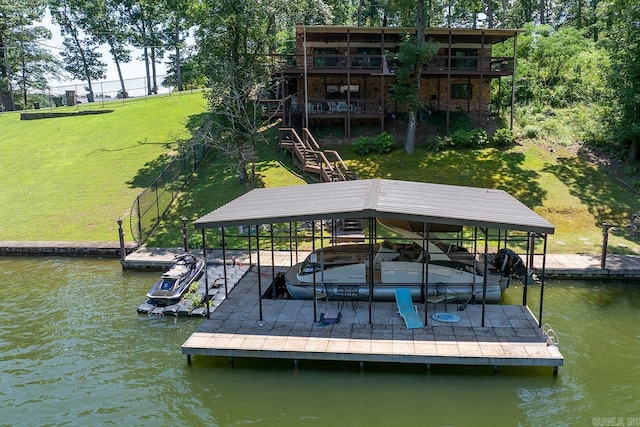 121 Atkinson Ln, Hot Springs, AR 71913 - dock area with a water view, stairs, a lawn, and boat lift