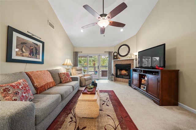 173-B Pebble Beach Pl, Hot Springs, AR 71913 - living area featuring a ceiling fan, light colored carpet, a fireplace, high vaulted ceiling, and recessed lighting