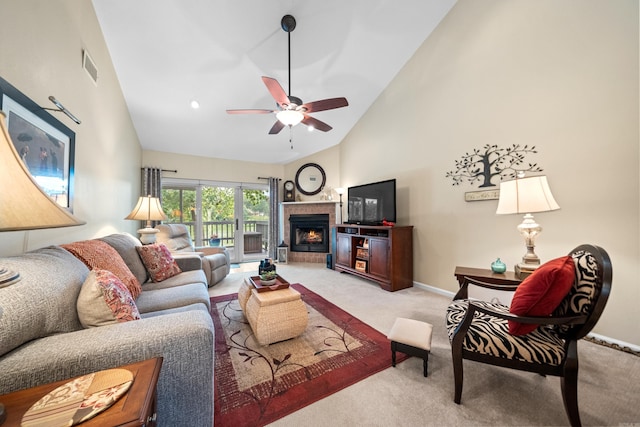 173-B Pebble Beach Pl, Hot Springs, AR 71913 - living room featuring light carpet, high vaulted ceiling, ceiling fan, and a fireplace