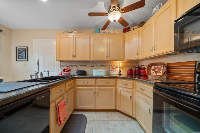 173-B Pebble Beach Pl, Hot Springs, AR 71913 - kitchen with black appliances, light brown cabinets, backsplash, a ceiling fan, and light tile patterned floors