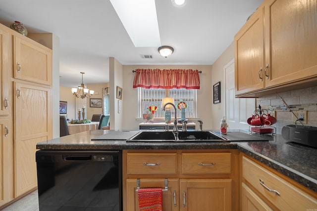 173-B Pebble Beach Pl, Hot Springs, AR 71913 - kitchen with dishwasher, decorative backsplash, a chandelier, light brown cabinets, and dark stone counters