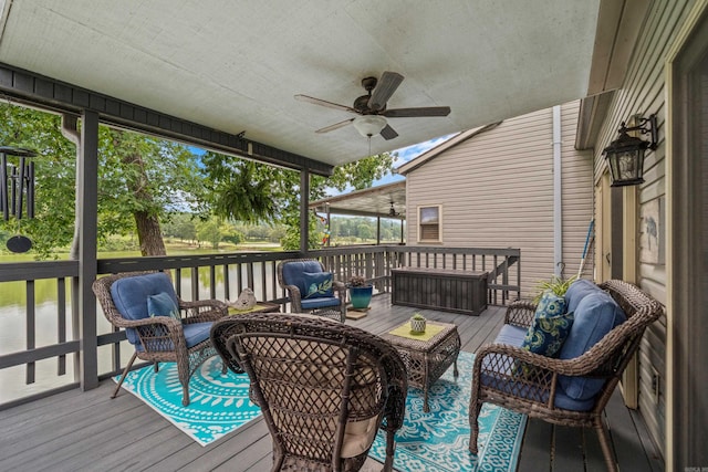 173-B Pebble Beach Pl, Hot Springs, AR 71913 - wooden deck with outdoor lounge area, ceiling fan, and a water view