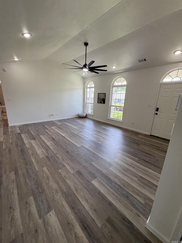 1901 N 19th St, Paragould, AR 72450 - unfurnished living room with dark wood-style floors, ceiling fan, and recessed lighting