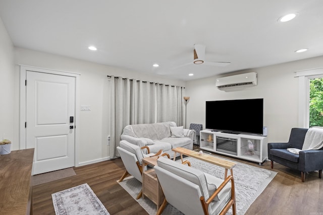 117 N Summit St, Little Rock, AR 72205 - living area with a wall mounted AC, a ceiling fan, wood finished floors, and recessed lighting