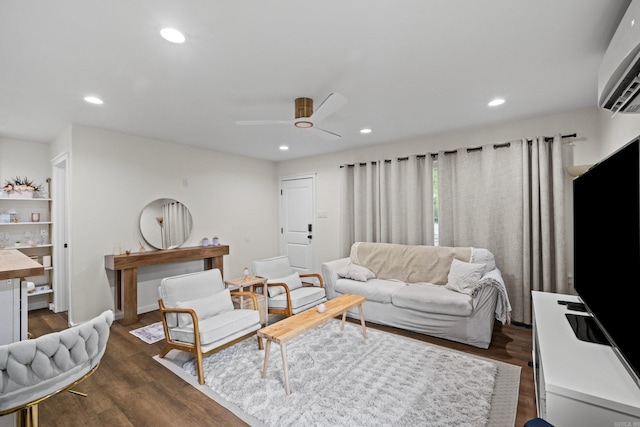 117 N Summit St, Little Rock, AR 72205 - living room with a wall mounted AC, dark wood finished floors, ceiling fan, and recessed lighting