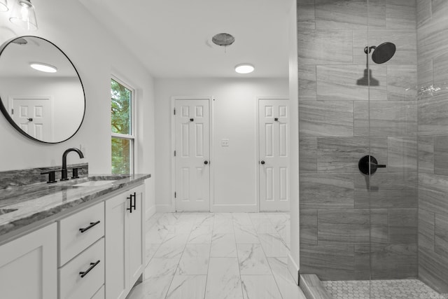 25501 Kanis Rd, Little Rock, AR 72223 - full bathroom featuring marble look tiles, vanity, and a tile shower