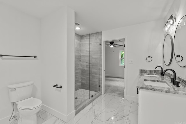 25501 Kanis Rd, Little Rock, AR 72223 - full bath with marble look tile flooring, double vanity, a shower stall, and a ceiling fan