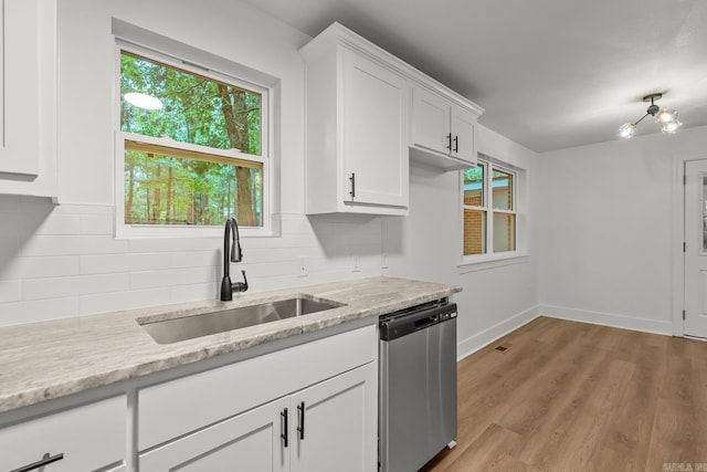 25501 Kanis Rd, Little Rock, AR 72223 - kitchen with stainless steel dishwasher, white cabinetry, backsplash, and healthy amount of natural light