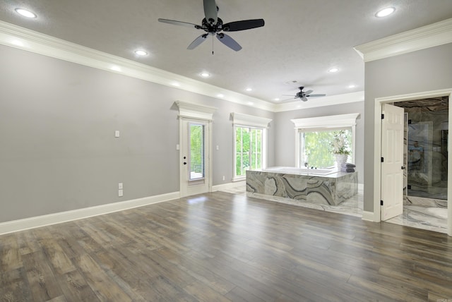 unfurnished living room with crown molding, a ceiling fan, wood finished floors, and recessed lighting