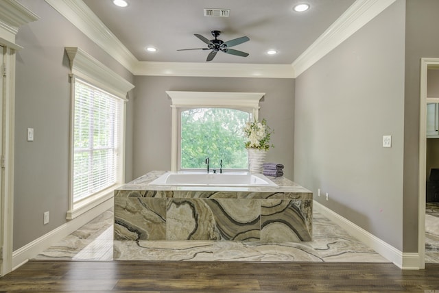 office area with plenty of natural light, ornamental molding, a ceiling fan, wood finished floors, and recessed lighting