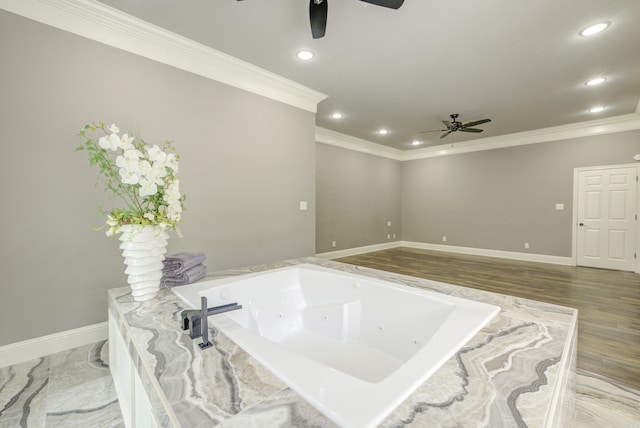 spare room with a ceiling fan, recessed lighting, and ornamental molding