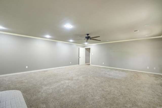 carpeted spare room featuring ornamental molding, recessed lighting, and ceiling fan