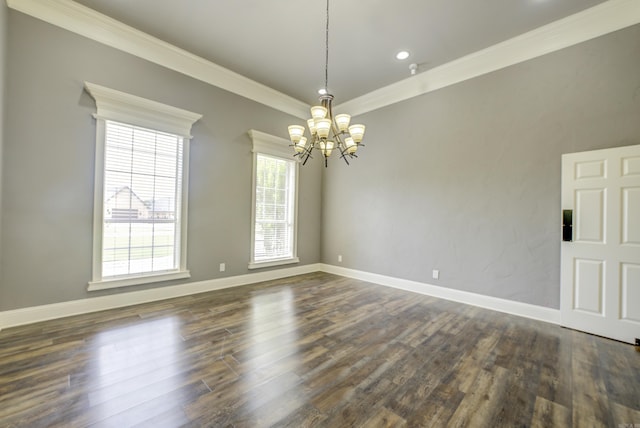 unfurnished room featuring a chandelier, wood finished floors, crown molding, and recessed lighting
