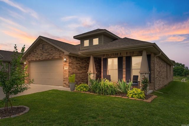 526 NW 62nd Ave, Bentonville, AR 72713 - view of front of home with a front yard, a garage, concrete driveway, brick siding, and roof with shingles