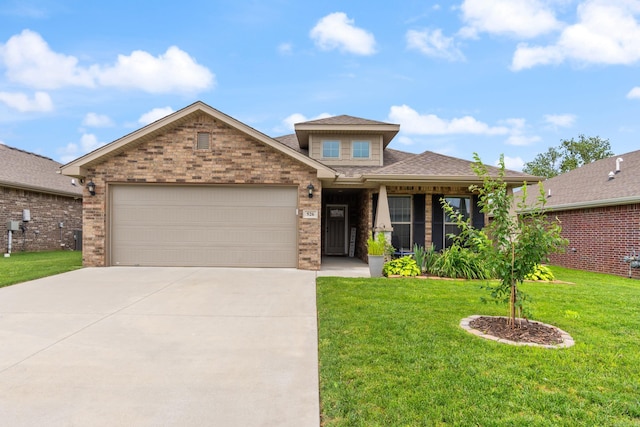 526 NW 62nd Ave, Bentonville, AR 72713 - view of front of home featuring driveway, brick siding, a garage, and a front lawn